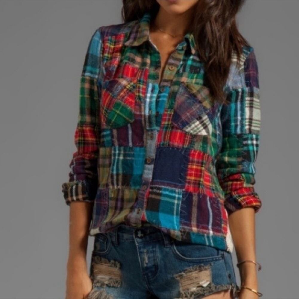 We The Free Free People Lost in Plaid Patchwork Multicolor Flannel Shirt Y2K XS